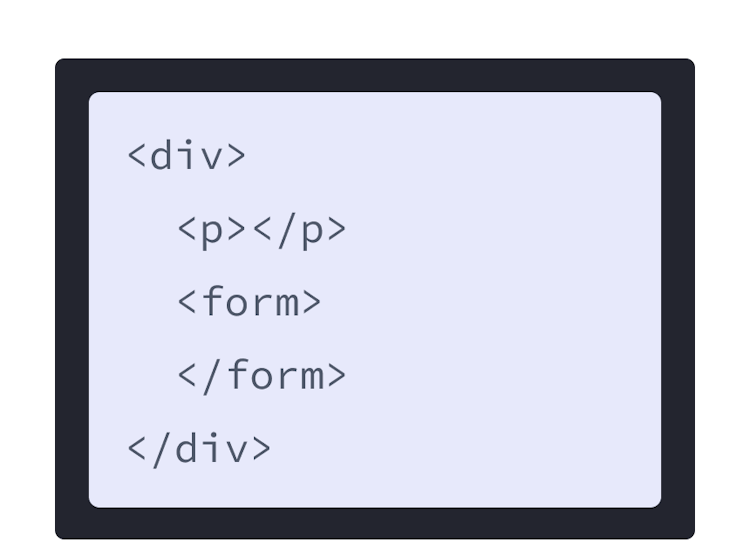 HTML markup with purple background and a div with two child tags: p and form. 